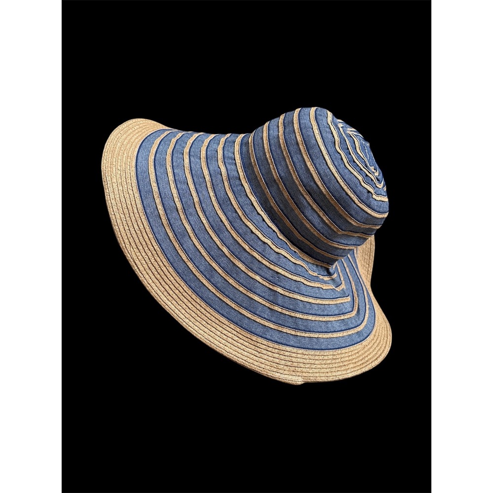 Scala Pronto Blue Tan Striped Wide Brim Sun Hat Floppy Beach Straw One Size
